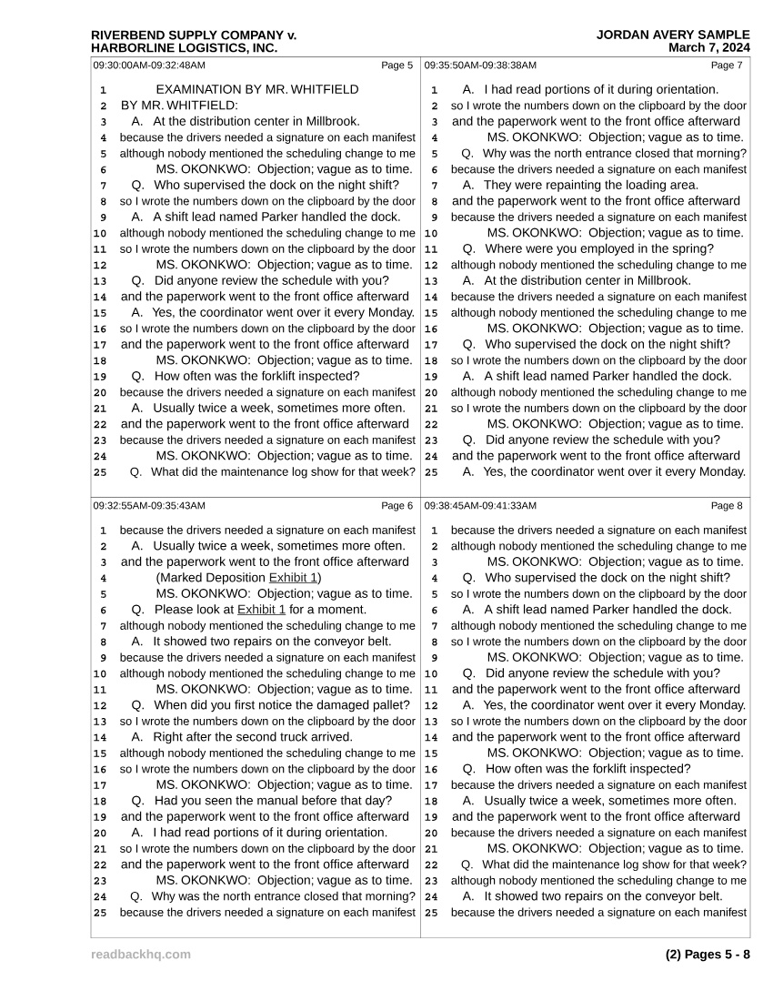 Condensed sheet with transcript pages 5 to 8 in a two by two grid, the case caption and witness name across the top, line numbers on every mini page, and a time range above each page.